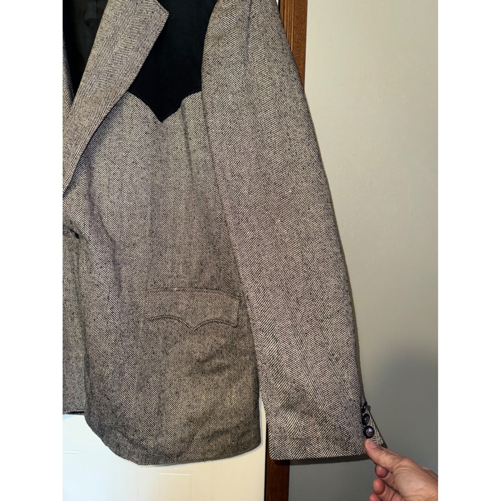 Circle S Western Herringbone Sport Coat Blazer Grey Black Suede Yoke Silk 48L - Picture 10 of 12